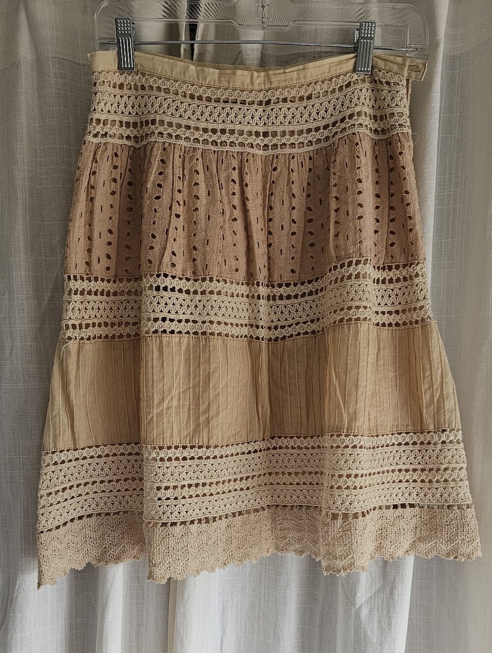 Boho Mixed Medium Lace Crochet Tiered Beige Skirt